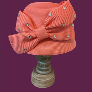 Vintage Hat Pink Rhinestones Large Bow And Sequin Cloche Style